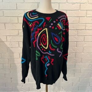 Vintage 90s Joye Fun Colorful Embroidered Beaded Sweater Womens M